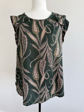 LOFT Dark Green Paisley Ruffle Cap Sleeve Camisole